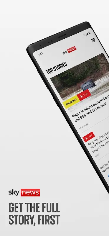 Sky News app on a smartphone showing breaking news headlines and live coverage interface