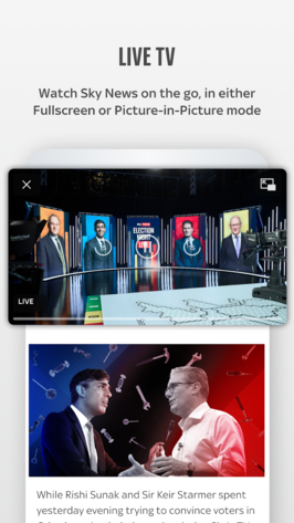 Sky News app main interface showing top stories feed